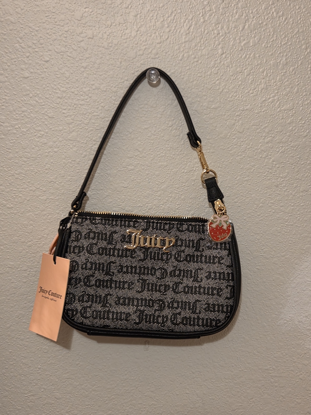 Juicy Couture Black Logo Shoulder Bag with Strawberry Charm
